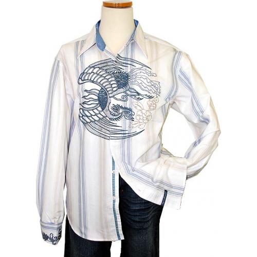 English Laundry White with Sky Blue/Beige Stripes And Pterodactyl  Embroidered Design Long Sleeves Cotton Blend Shirt ELW945